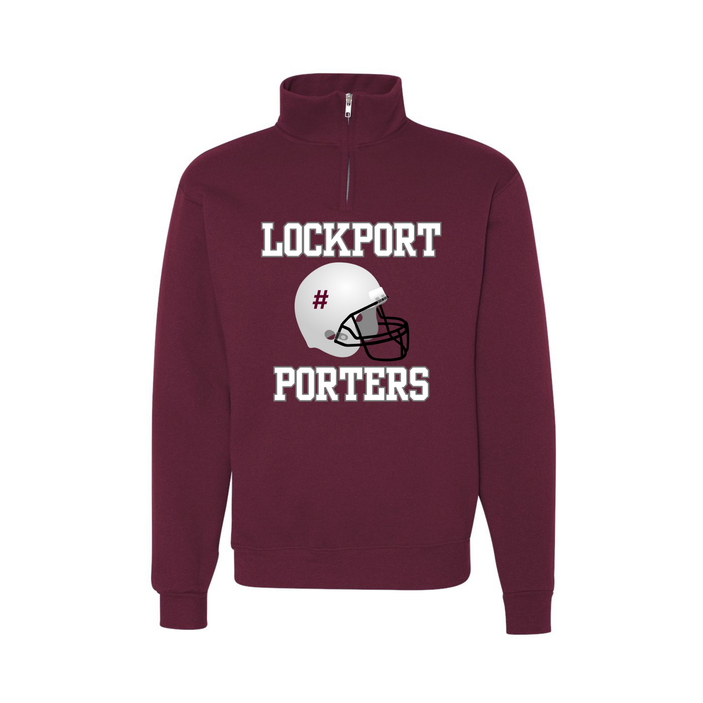 Maroon Jerzees 1/4 Zip Sweatshirt Full Chest Design With Custom # on Helmet Design