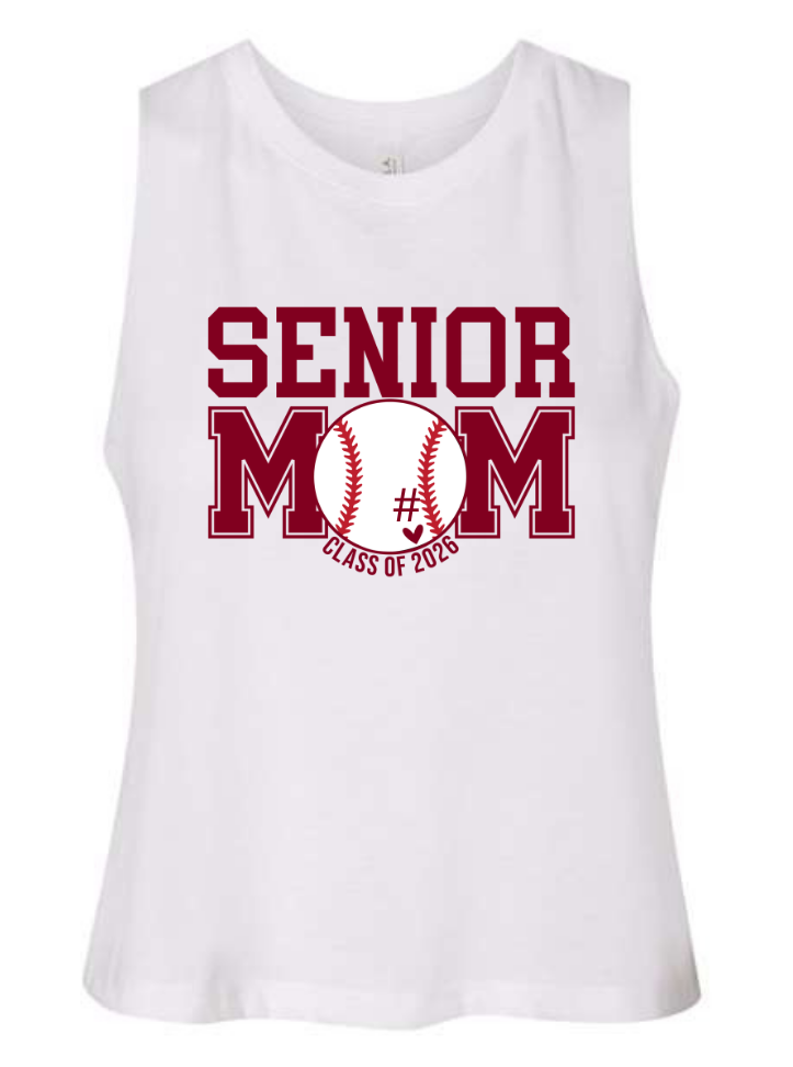 Senior Mom with custom # Women's Bella Canvas Racerback Cropped Tank